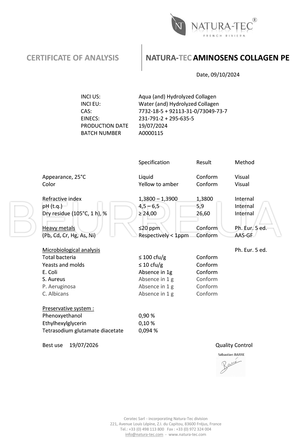 Сертификат товара 'Hydrolysed collagen 5 kg'