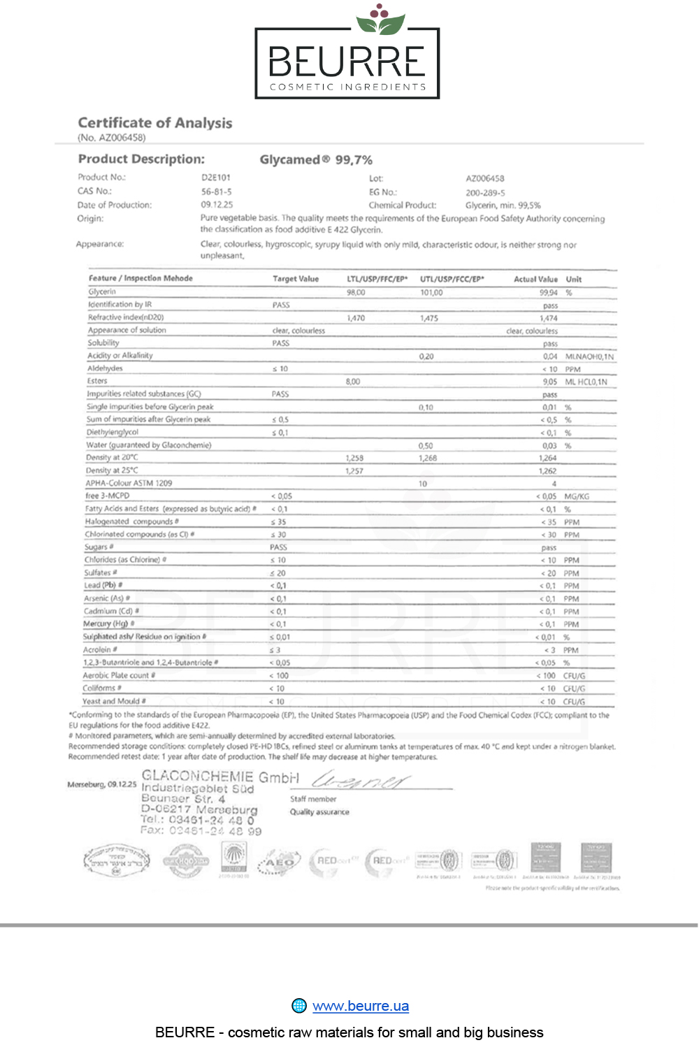 Сертификат товара 'Glycerine pharmacopoeial 20 kg'