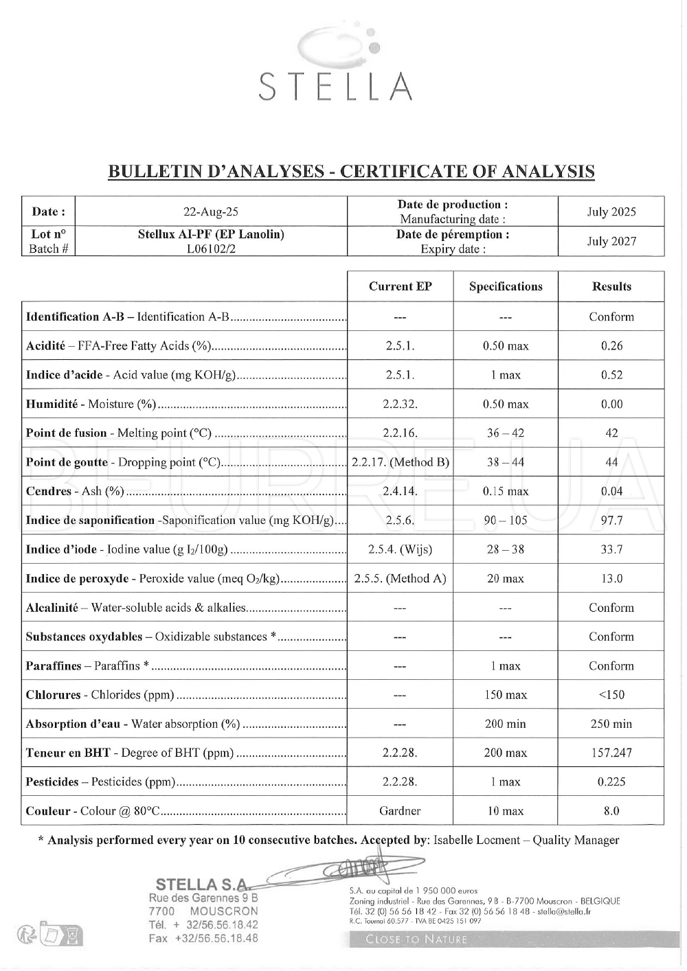 Сертификат товара 'Lanolin anhydrous 1 kg'