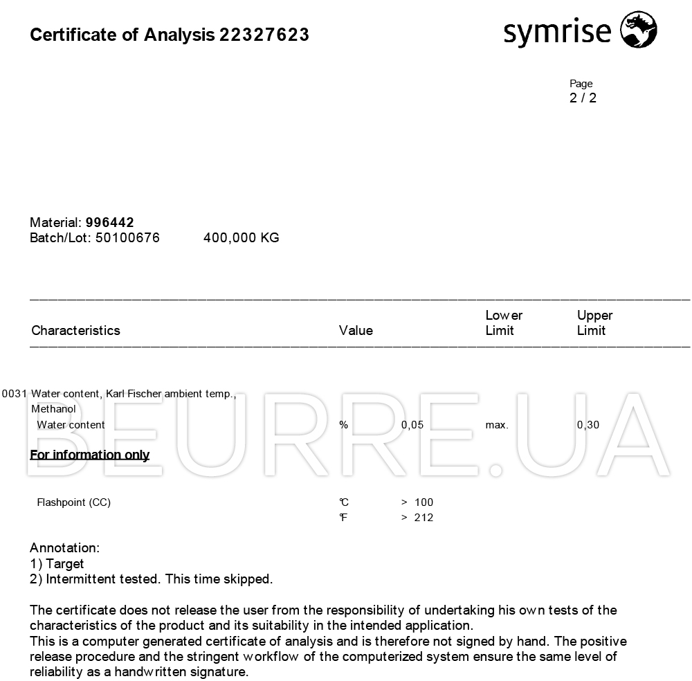 Сертификат товара 'PENTYLENE GLYCOL 25 kg'