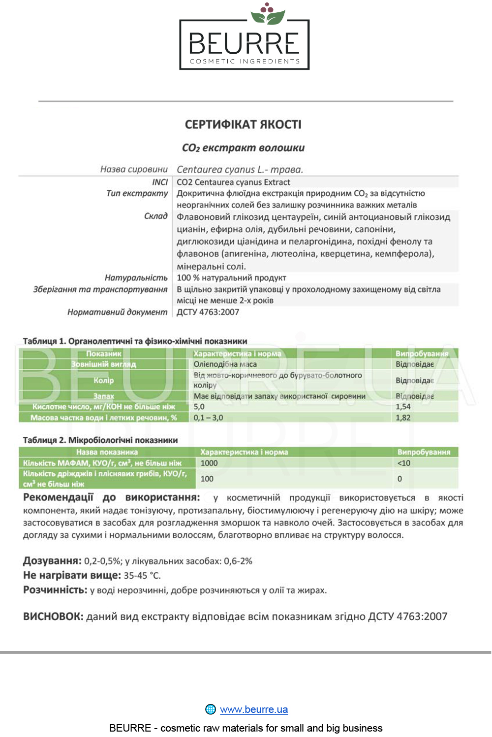 Сертификат товара 'СО2 екстракт Волошки 30 г'
