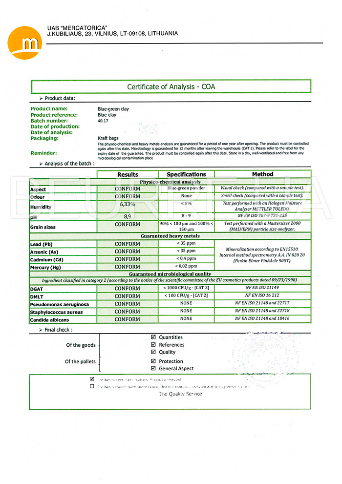 Сертификат товара 'Глина блакитна Ecocert 1 кг'