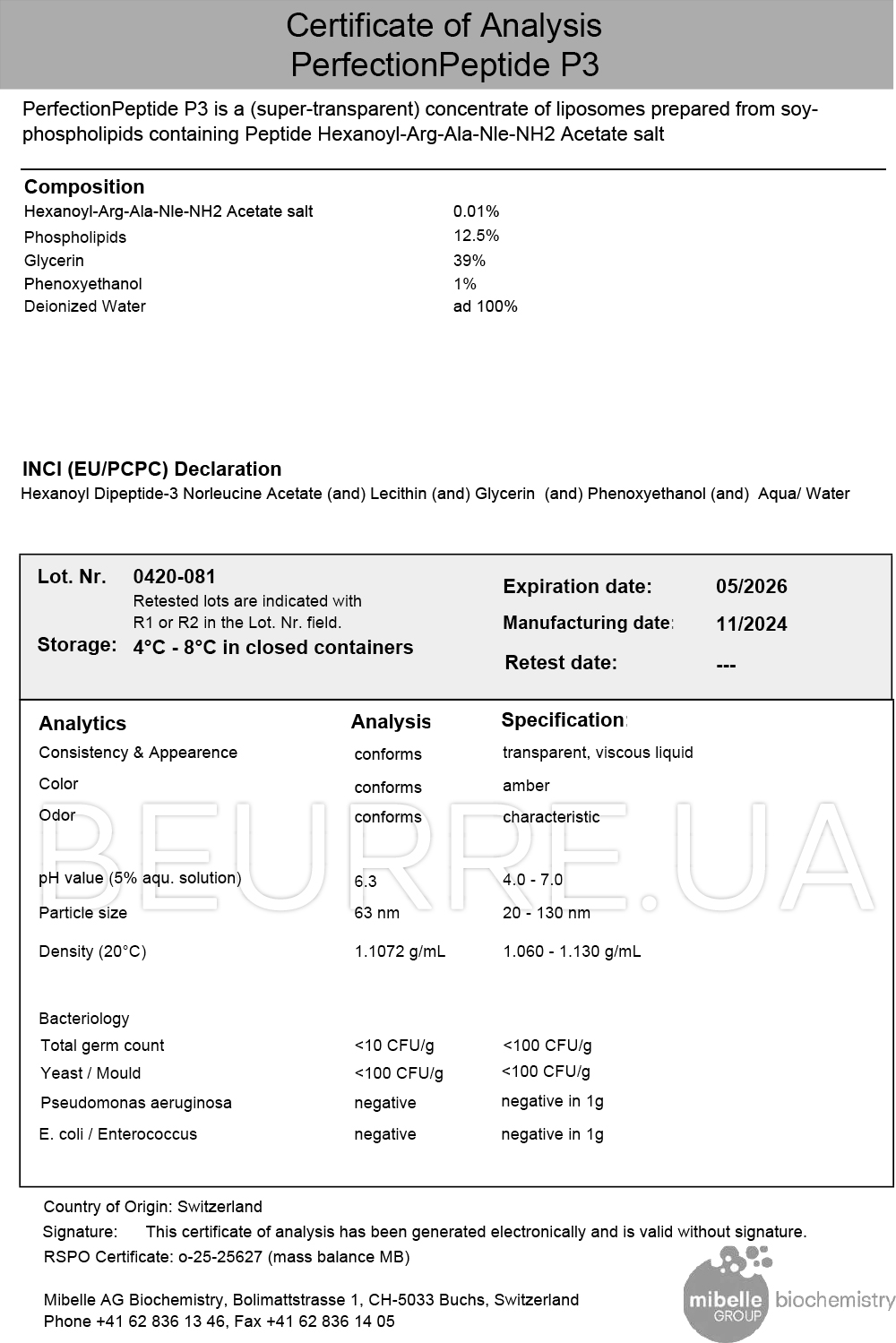 Сертификат товара 'Perfection peptide P3 100 g'
