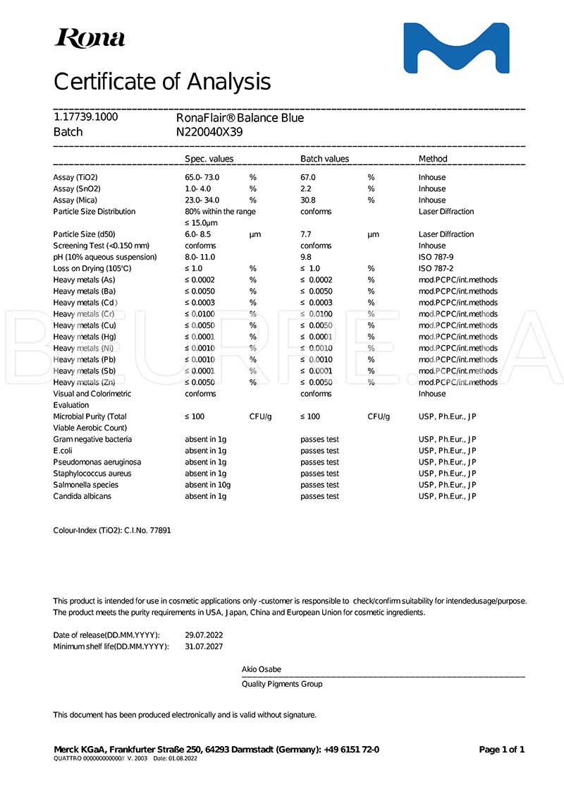 Сертификат товара 'Пігмент RonaFlair Balance Blue 100 г'